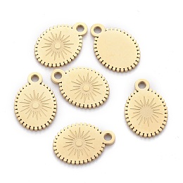 Honeyhandy Ion Plating(IP) 304 Stainless Steel Charms, Laser Cut, Oval with Sun, Golden, 12.5x8.5x0.8mm, Hole: 1.5mm