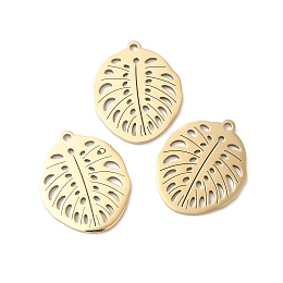 Honeyhandy Ion Plating(IP) 316L Surgical Stainless Steel Pendants, Leaf Charm, Hollow, Real 18K Gold Plated, 21.5x17.5x1mm, Hole: 1.4mm