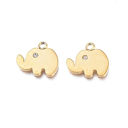 Honeyhandy Ion Plating(IP) 304 Stainless Steel Charms, Manual Polishing, with Crystal Rhinestone, Elephant, Golden, 11.5x12.5x1.2mm, Hole: 1.8mm