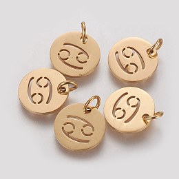 Honeyhandy 304 Stainless Steel Charms, Flat Round with Constellation/Zodiac Sign, Golden, Cancer, 12x1mm, Hole: 3mm