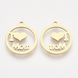 Honeyhandy Mother's Day Theme, 201 Stainless Steel Pendants, Laser Cut Pendants, Flat Round with Word I Love Mom, Golden, 17.5x15.5x1mm, Hole: 1.4mm