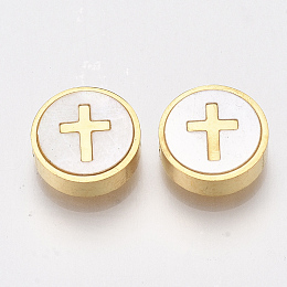 Honeyhandy 304 Stainless Steel Beads, with Shell, Flat Round with Cross, Golden, 10x3mm, Hole: 1.6mm