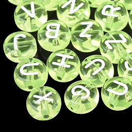 Honeyhandy Transparent Acrylic Beads, Horizontal Hole, Mixed Letters, Flat Round, Lawn Green, 7x4mm, Hole: 1.5mm, about 3700pcs/500g