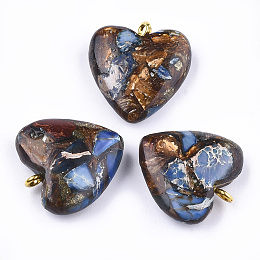 Honeyhandy Assembled Bronzite and Imperial Jasper Pendants, with Iron Findings, Heart, Golden, 20~22x19~20x5~7mm, Hole: 2mm