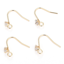 Honeyhandy Brass Earring Hooks, Ear Wire, with Clear Cubic Zirconia and Horizontal Loop, Long-Lasting Plated, Real 14K Gold Plated, 16mm, Pin: 0.8mm