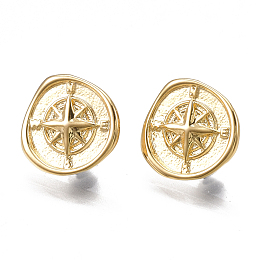 Honeyhandy Brass Stud Earring Findings, with Loop and 925 Sterling Silver Pins, Real 18K Gold Plated, Compass, 12.5x13mm, Hole: 2mm, Pin: 0.8mm