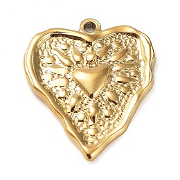 Honeyhandy Ion Plating(IP) 304 Stainless Steel Pendants, Textured, Heart Charm, Real 18K Gold Plated, 25.5x21x3mm, Hole: 1.6mm