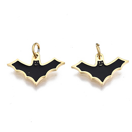 Honeyhandy 316 Surgical Stainless Steel Enamel Charms, with Jump Rings, for Halloween, Bat, Real 14K Gold Plated, 9x14.5x1mm, Jump Ring: 3.8x0.6mm, 2.6mm inner diameter