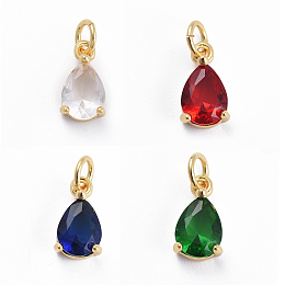 Honeyhandy Brass Micro Pave Cubic Zirconia Pendants, with Jump Ring, Teardrop, Golden, Mixed Color, 11.5x6.5x4mm, Hole: 3mm