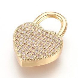 Honeyhandy Brass Micro Pave Cubic Zirconia Pendants, Real 18K Gold Plated, Heart Padlock, Golden, 20x14x3.5mm, Hole: 6x6.5mm