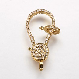 Honeyhandy Brass Micro Pave Cubic Zirconia Lobster Claw Clasps, Golden, 31x14x4.5mm, Hole: 2mm