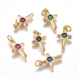 Honeyhandy Brass Micro Pave Cubic Zirconia Tiny Cross Charms, with Jump Ring, Long-Lasting Plated, Golden, Mixed Color, 12.5x8x2mm, Hole: 3mm