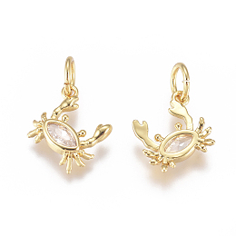 Honeyhandy Brass Charms, with Micro Pave Cubic Zirconia and Jump Rings, Crab, Clear, Golden, 9x9x2mm, Hole: 3.5mm