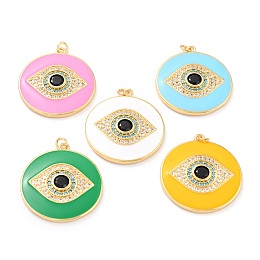 Honeyhandy Real 18K Gold Plated Brass Micro Pave Cubic Zirconia Pendants, with Jump Ring and Enamel, Long-Lasting Plated, Flat Round with Evil Eye, Mixed Color, 33x30x4mm, Jump Ring: 5x1mm, 3mm Inner Diameter