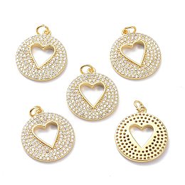 Honeyhandy Brass Micro Pave Clear Cubic Zirconia Pendants, with Jump Ring, Long-Lasting Plated, Flat Round with Heart, Real 18K Gold Plated, 21.5x19x2.5mm, Jump Rings: 5x1mm, 3mm Inner Diameter