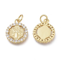 Honeyhandy Brass Micro Pave Clear Cubic Zirconia Charms, with Jump Rings, Long-Lasting Plated, Flat Round with Jesus, Real 18K Gold Plated, 16x13x2mm, Jump Ring: 5x1mm, Hole: 3.5mm