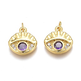 Honeyhandy Brass Micro Pave Purple Cubic Zirconia Charms, Long-Lasting Plated, With Jump Rings, Eye, Real 18K Gold Plated, 13x12.5x3mm, Hole: 2mm, Jump Ring: 4x0.5mm