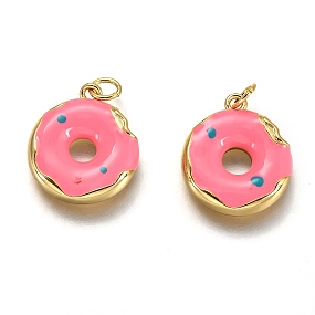 Honeyhandy Brass Enamel Pendants, Long-Lasting Plated, Real 18K Gold Plated, with Jump Ring, Imitation Food, Donut Shape, Pink, 15x13x2.7mm, Hole: 2.6mm