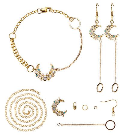 SUNNYCLUE DIY 1 Set Fashion Micro Pave Cubic Zirconia Crescent Moon Jewelry Set Bracelet Dangle Earrings Making Starter Kit for Beginners, Nickel Free, Golden