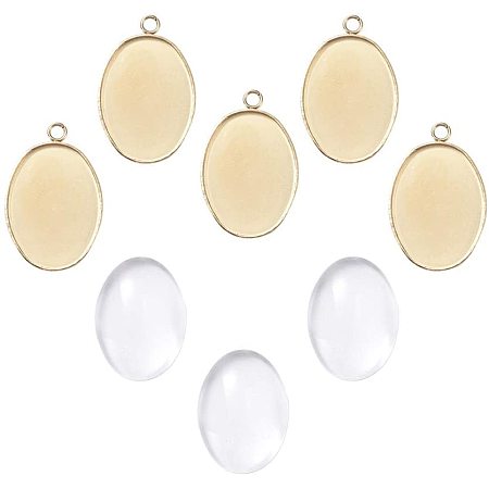 UNICRAFTALE 5 Sets DIY Pendant Making 18x13mm Oval Bezels Pendant Trays with Glass Cabochon Golden Dome Tiles Pendant Blanks Oval Tray Blanks for Jewelry Making DIY Findings