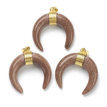 ARRICRAFT Synthetic Goldstone Pendants, with Golden Brass Findings, Double Horn/Crescent Moon, 31~33x30x10mm, Hole: 6x4mm