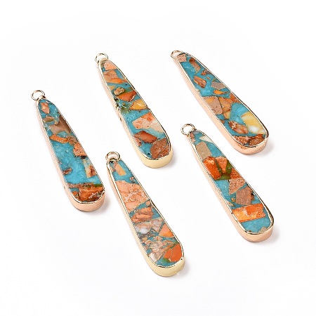 Honeyhandy Dyed Natural Imperial Jasper Pendants, Teardrop Charms, with Brass Findings, Golden, 46x10x4.5mm, Hole: 2.5mm