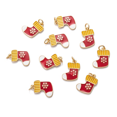 ARRICRAFT Real 18K Gold Plated Brass Enamel Pendants, with Jump Ring, for Christmas, Christmas Stockings with Snowflake, Red, 16x13x1.5mm, Hole: 3.4mm