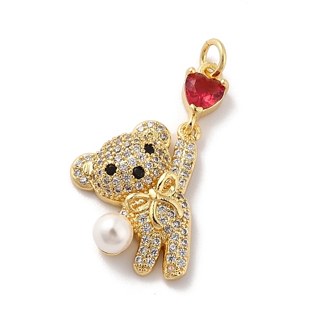 Honeyhandy Rack Plating Brass Micro Pave Cubic Zirconia Pendants, with Pearl, Cadmium Free & Lead Free, Long-Lasting Plated, Real 18K Gold Plated, Bear, Red, 21x14.5x6mm, Hole: 3.2mm