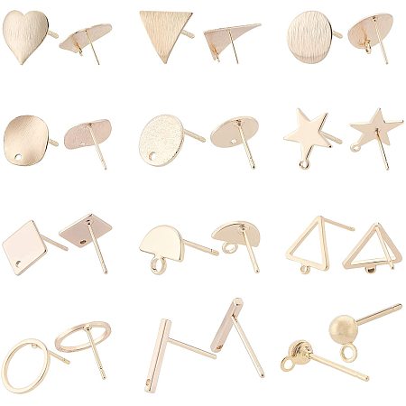 BENECREAT 24PCS 18K Gold Plated Earring Studs 12 Mixed Shape Brass Post Stud with Hoop for DIY Earring Making Supplies