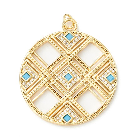 Honeyhandy Rack Plating Brass Micro Pave Clear & Cyan Cubic Zirconia Pendants, Cadmium Free & Nickel Free & Lead Free, Long-Lasting Plated, Flat Round with Hollow Rhombus, Real 18K Gold Plated, 34x29.5x2mm, Hole: 3.3mm