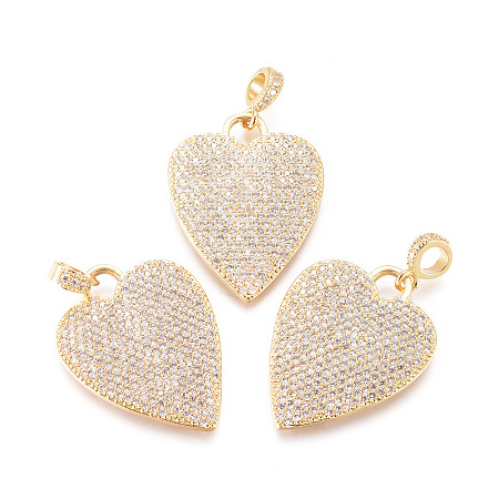 Honeyhandy Brass Micro Pave Cubic Zirconia Pendants, with Tube Bails, Heart, Clear, Real 18k Gold Plated, 28x21.5x2mm, Tube Bails: 6x3mm, Hole: 3.5x4mm
