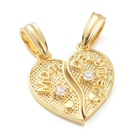 Honeyhandy Brass Cubic Zirconia Hanger Pendants, Long-Lasting Plated, Heart with Word Mom and Daughter, Real 18K Gold Plated, 19x17.5x3mm, Hole: 3mm