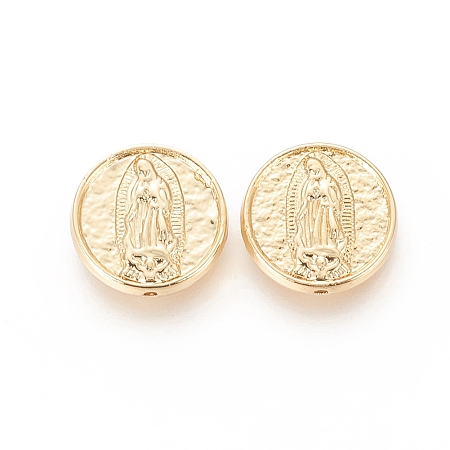 Honeyhandy Brass Beads, Long-Lasting Plated, Flat Round with Virgin Mary, Real 18K Gold Plated, 15.5x4mm, Hole: 1.2mm