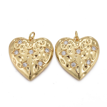 Honeyhandy Hammered Brass Micro Pave Clear Cubic Zirconia Pendants, with Jump Rings, Long-Lasting Plated, Heart with Star, Real 18K Gold Plated, 23x25x4.5mm, Hole: 3mm