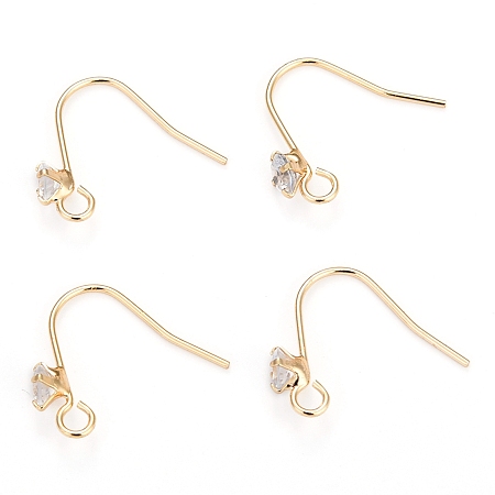 Honeyhandy Brass Earring Hooks, Ear Wire, with Clear Cubic Zirconia and Horizontal Loop, Long-Lasting Plated, Real 14K Gold Plated, 16mm, Pin: 0.8mm