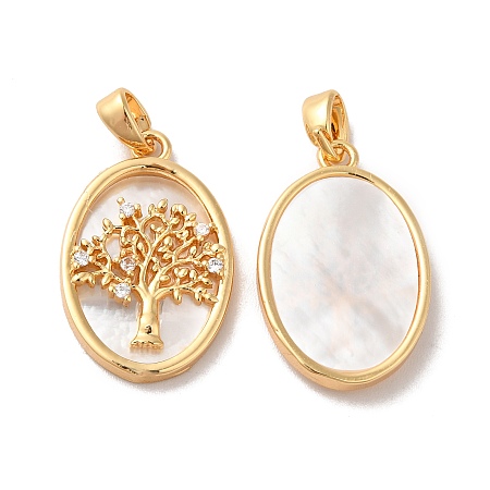 Honeyhandy Brass Shell Pendants, with Cubic Zirconia, Oval with Tree of Life Pattern, Real 18K Gold Plated, 21.5x14x3mm, Hole: 3.4x2mm