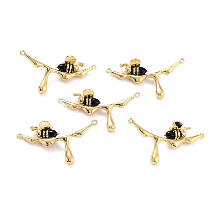 Arricraft Brass Enamel Links Connectors, Long-Lasting Plated, Branch with Bees, Black, Real 18K Gold Plated, 19x35x8mm, Hole: 0.9mm