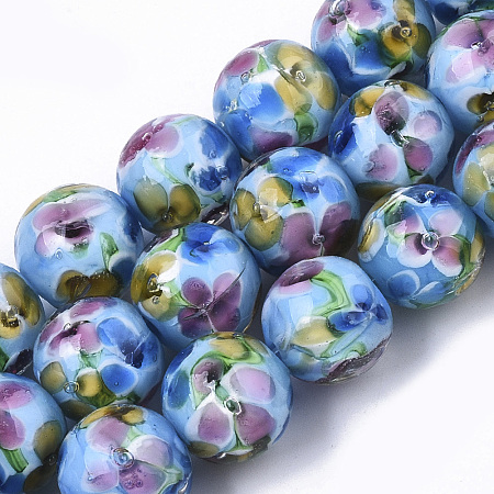 ARRICRAFT Handmade Lampwork Beads Strands, Inner Flower, Round, Dodger Blue, 11.5~12.5x10.5~11.5mm, Hole: 1.4mm, about 45pcs/Strand, 19.69 inches~20.08 inches