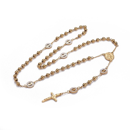 Honeyhandy 304 Stainless Steel Rosary Bead Necklaces for Easter, with Polymer Clay Rhinestone, Crucifix Cross & Oval with Saint & Flat Round with Virgin Mary, Golden, 26.77 inch(68cm)