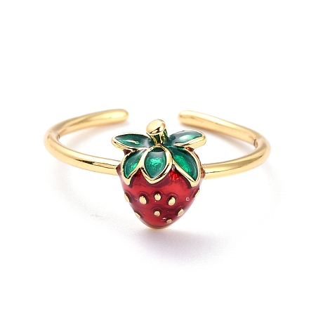 Honeyhandy Brass Enamel Strawberry Cuff Rings, Open Rings, Golden, Dark Red, US Size 6, Inner Diameter: 17.2mm