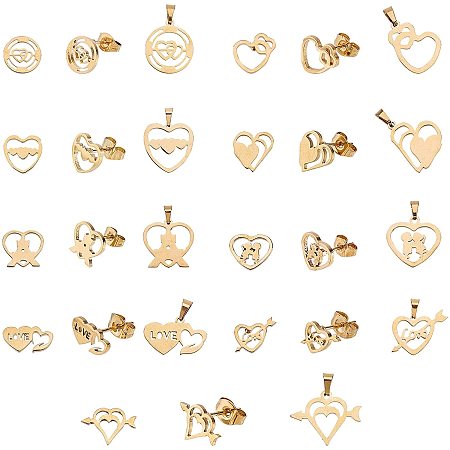 UNICRAFTALE 9 Sets 9 Styles Heart-Shaped Pendant with Earrings, Stainless Steel Charm, 0.7mm Pin Golden Stud Earrings with Ear Nuts DIY Charms Earrings Jewelry Set