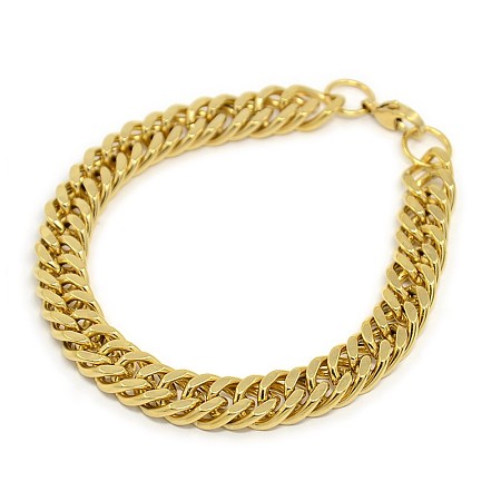 Honeyhandy Fashionable 304 Stainless Steel Cuban Link Chain Bracelets, with Lobster Claw Clasps, Faceted, Golden, 8-5/8 inch(220mm), 10mm