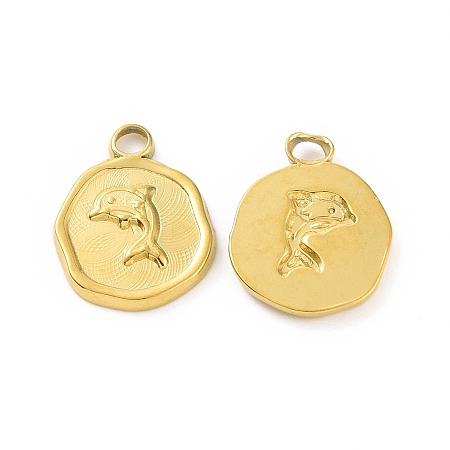 Ion Plating(IP) 304 Stainless Steel Pendants, Flat Round with Dolphin Charm, Real 18K Gold Plated, 16x13x2mm, Hole: 2mm