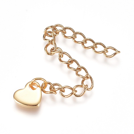 Honeyhandy 304 Stainless Steel Chain Extender, Curb Chain, with Charms, Heart, Golden, 60mm, Link: 4x3x0.5mm