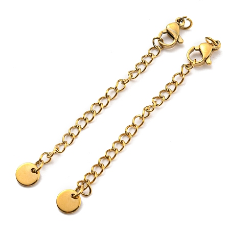 Honeyhandy 304 Stainless Steel Curb Chain Extender, End Chains with Lobster Claw Clasps and Flat Round Chain Tabs, Real 18K Gold Plated, 66mm