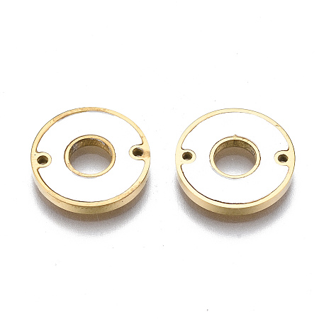 Honeyhandy 304 Stainless Steel Links Connectors, with Shell, Flat Round, Seashell Color, Real 14K Gold Plated, 12x1.5mm, Hole: 0.9mm