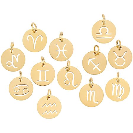 SUNNYCLUE 12Pcs Zodiac Charm 12 Constellation Sign Letters Alloy Pendants Double Sided Round Enamel Metal Charms Jewelry Making for DIY Necklace Bracelet Earring Supplies Accessories