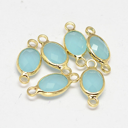 Honeyhandy Oval Faceted Golden Brass Glass Links connectors, Pale Turquoise, 15x7x3.2mm, Hole: 1mm