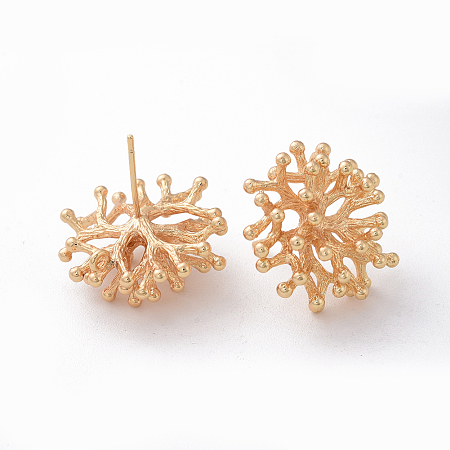 Brass Stud Earring Findings, for DIY Earring Making, with Loop, Nickel Free, Real 18K Gold Plated, Coral, 20~21x20~21mm, Hole: 1.2mm; Pin: 0.8mm