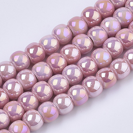 Electroplate Porcelain Beads, Handmade Bright Glazed Porcelain, AB Color Plated, Round, Pink, 7x6mm, Hole: 2.5mm, 26.38 inches~27.16 inches(67~69cm); about 120~121pcs/Strand